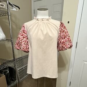r2 Womens M Beige Floral Blouse Puff Short Sleeve Ruffle High Neck